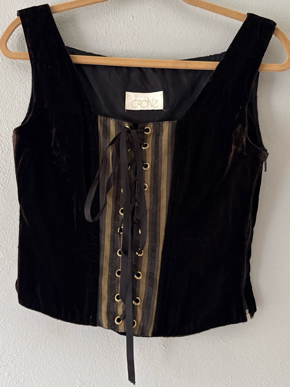 Vintage Cache Black Velvet Lace-Up Corset Top with Striped Front